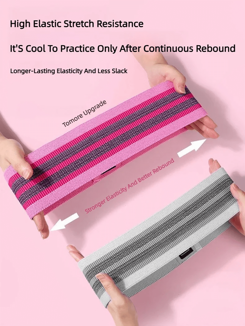 Two hands stretching pink and grey fabric resistance bands for glute and thigh workouts, highlighting elasticity and durability.